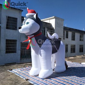 Cute Inflatable Puppy Inflatable Sled Dog Husky Model with Red Santa Hat and Scarf for Winter Christmas Decoration